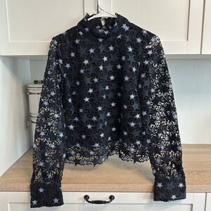 Design Lab Celestial Star Crochet Lace Mock Neck Blouse Women's XS Black Blue